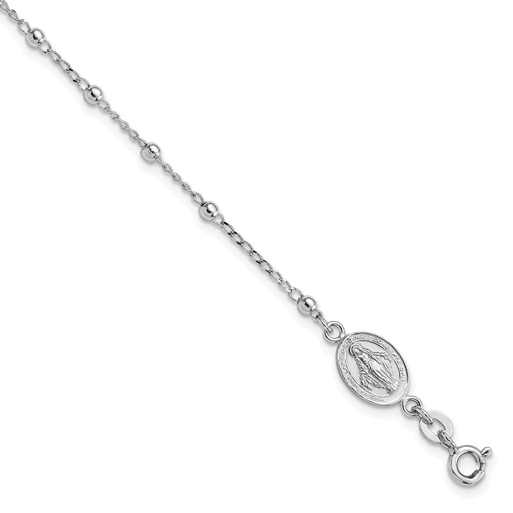 Sterling Silver Rhod-pltd Miraculous Medal/Cross w/1in ext. Bracelet QG4250-7