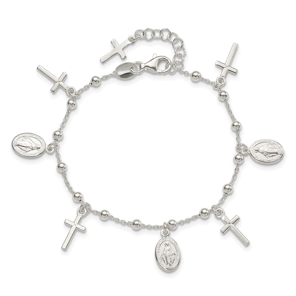 Sterling Silver Polished w/1in ext Cross Miraculous Medal Bracelet QG4251-6.25