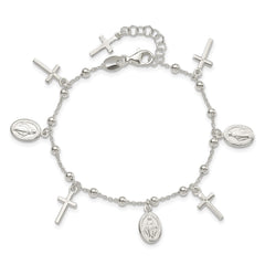 Sterling Silver Polished w/1in ext Cross Miraculous Medal Bracelet QG4251-6.25