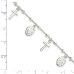 Sterling Silver Polished w/1in ext Cross Miraculous Medal Bracelet QG4251-6.25
