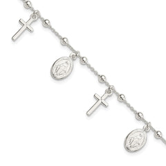 Sterling Silver Polished w/1in ext Cross Miraculous Medal Bracelet QG4251-6.25