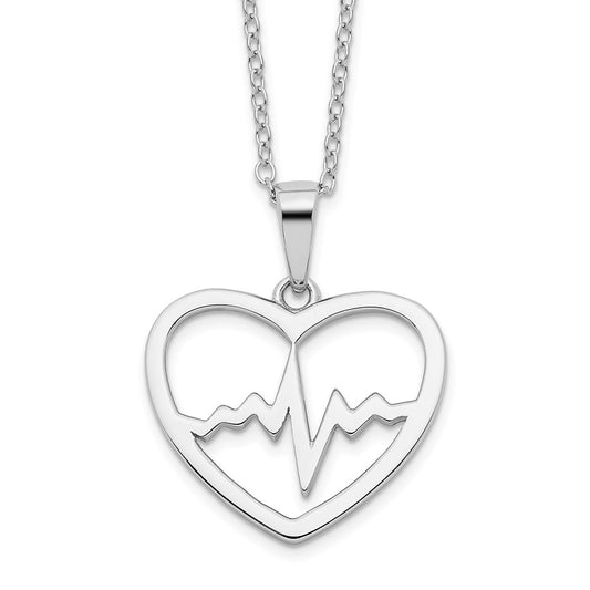 Sterling Silver Rhodium-plated Heartbeat in Heart 16in w/2in Ext Necklace QG4369-16