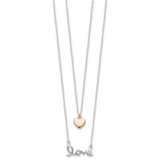Sterling Silver Rose-tone LOVE and Heart 18in Necklace QG4375-18