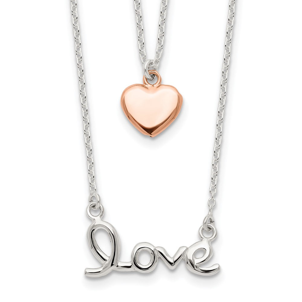 Sterling Silver Rose-tone LOVE and Heart 18in Necklace QG4375-18