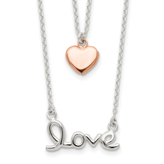 Sterling Silver Rose-tone LOVE and Heart 18in Necklace QG4375-18