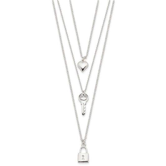 Sterling Silver Lock, Heart and Key Multi-Strand 16in Necklace QG4384-16