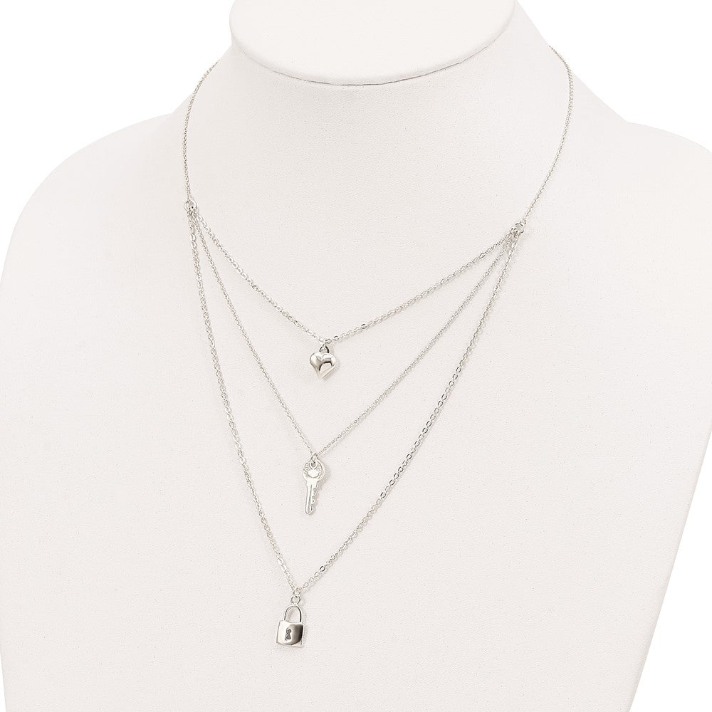 Sterling Silver Lock, Heart and Key Multi-Strand 16in Necklace QG4384-16