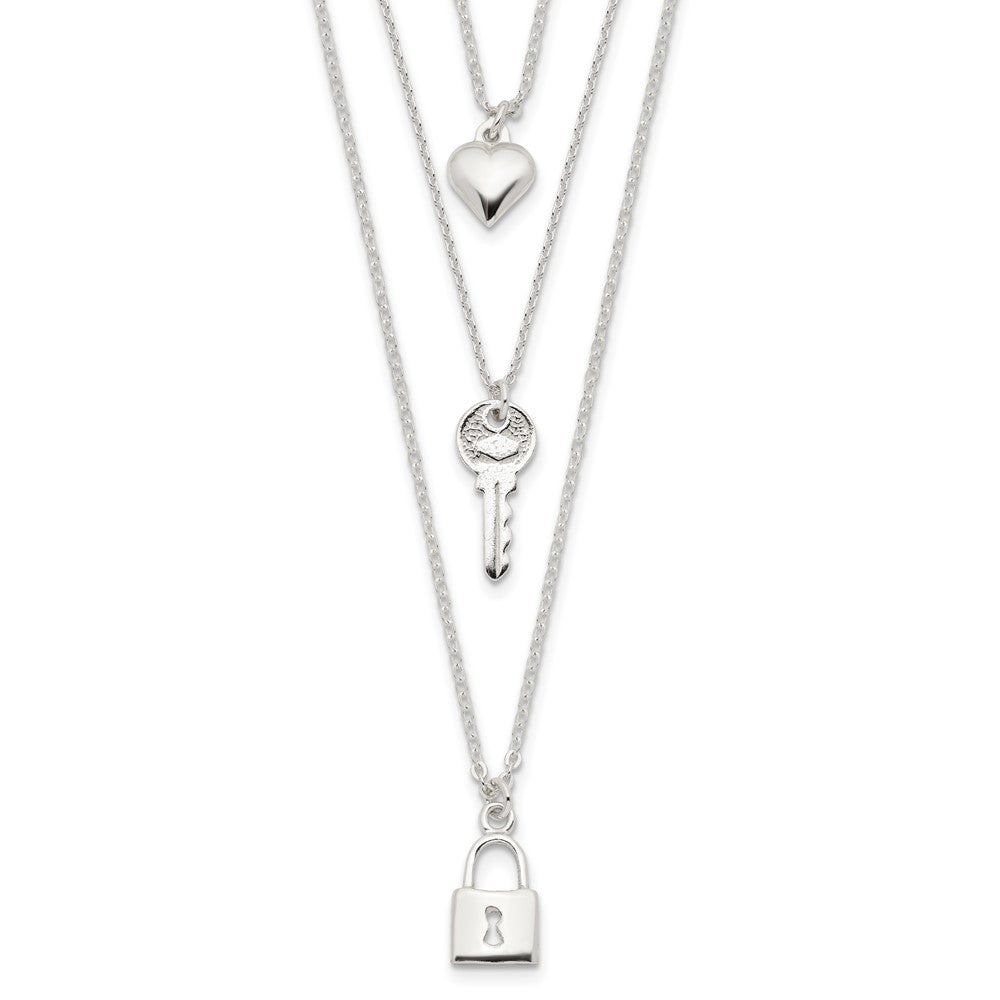 Sterling Silver Lock, Heart and Key Multi-Strand 16in Necklace QG4384-16