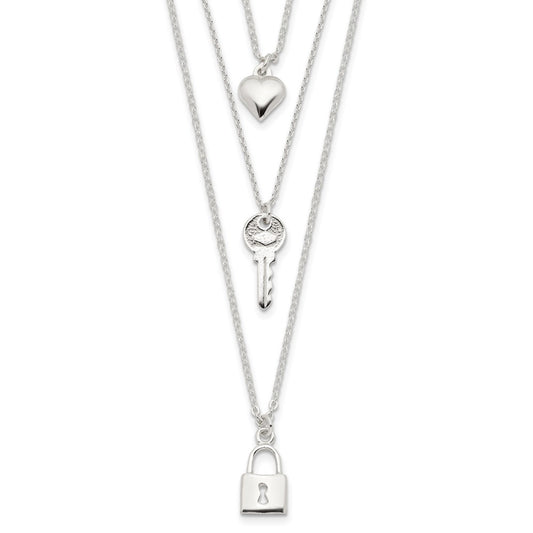 Sterling Silver Lock, Heart and Key Multi-Strand 16in Necklace QG4384-16