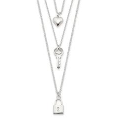 Sterling Silver Lock, Heart and Key Multi-Strand 16in Necklace QG4384-16
