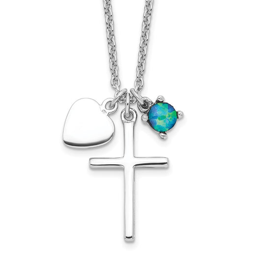 Sterling Silver Rhodium-plated Created Blue Opal Cross Necklace QG4400-18
