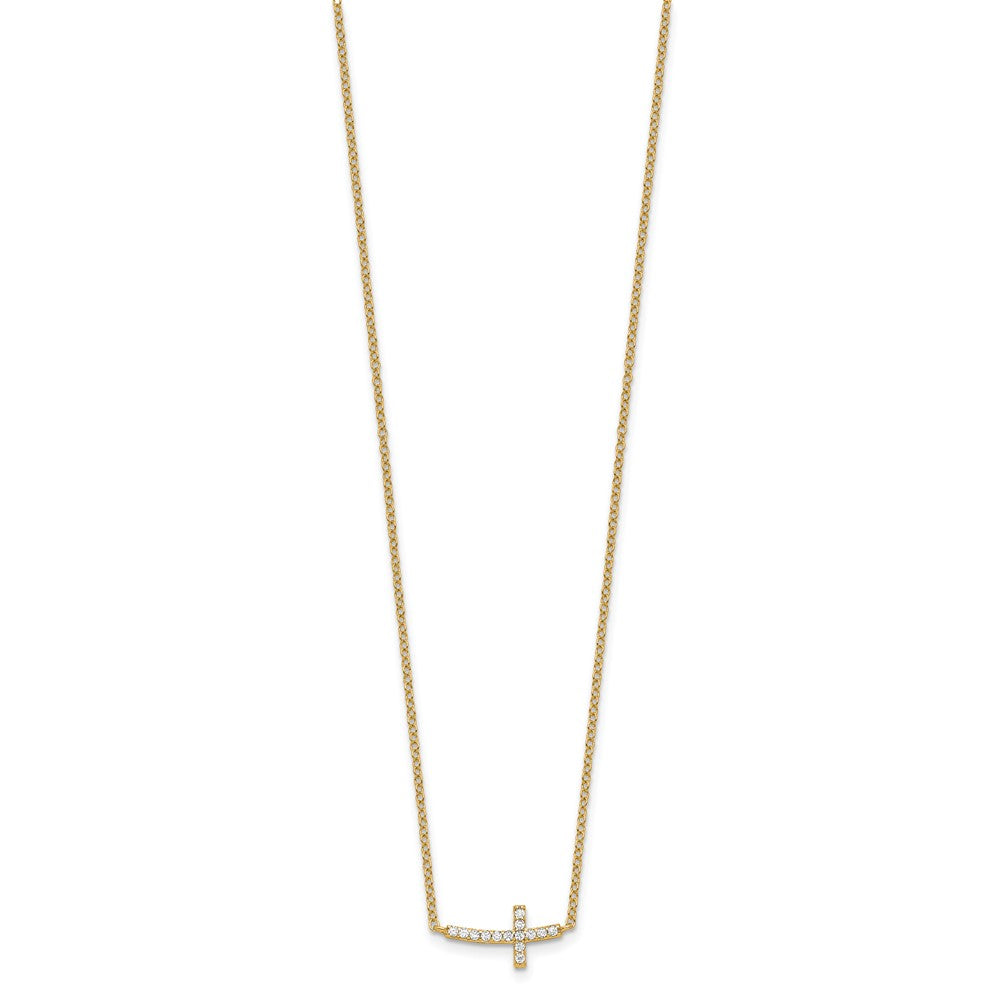 Sterling Silver Gold-tone CZ Sideways Cross w/2 inch ext Necklace QG4406GP-16