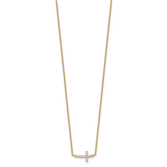 Sterling Silver Gold-tone CZ Sideways Cross w/2 inch ext Necklace QG4406GP-16