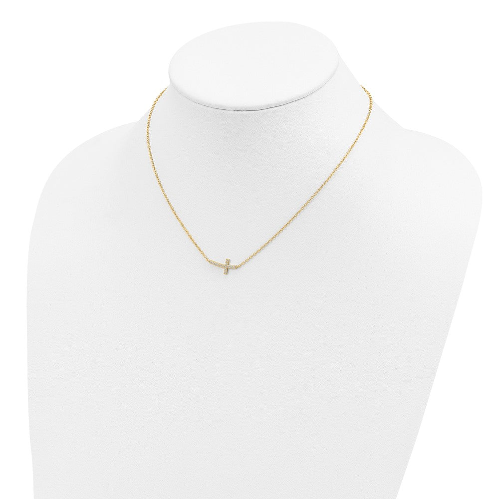 Sterling Silver Gold-tone CZ Sideways Cross w/2 inch ext Necklace QG4406GP-16