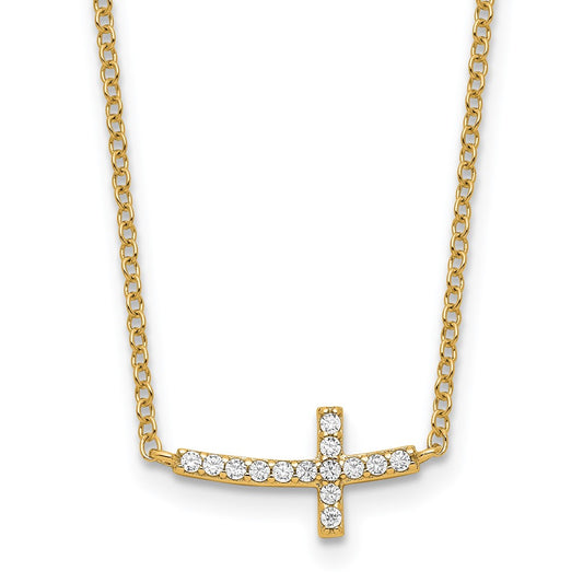 Sterling Silver Gold-tone CZ Sideways Cross w/2 inch ext Necklace QG4406GP-16