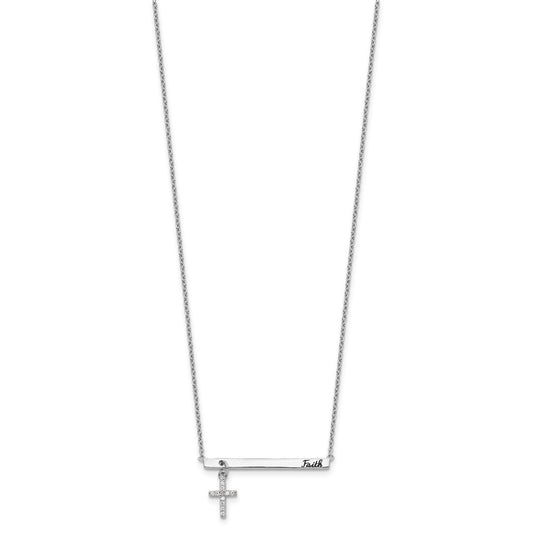 Sterling Silver RH-plated CZ Cross Black Enamel FAITH Bar Necklace QG4413-16