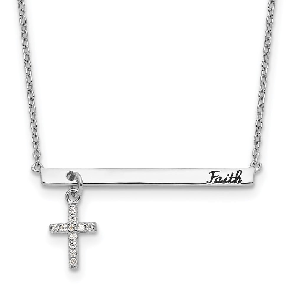 Sterling Silver RH-plated CZ Cross Black Enamel FAITH Bar Necklace QG4413-16