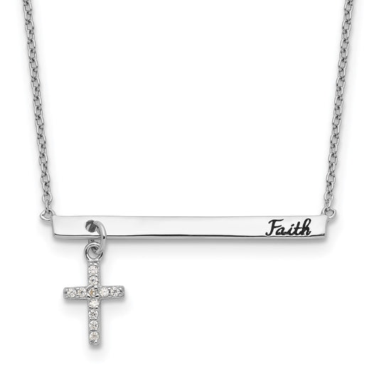 Sterling Silver RH-plated CZ Cross Black Enamel FAITH Bar Necklace QG4413-16