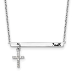 Sterling Silver RH-plated CZ Cross Black Enamel FAITH Bar Necklace QG4413-16