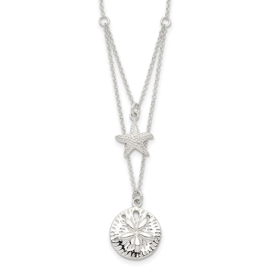 Sterling Silver Starfish and Sand Dollar 18 inch 2-strand Necklace QG4426-18