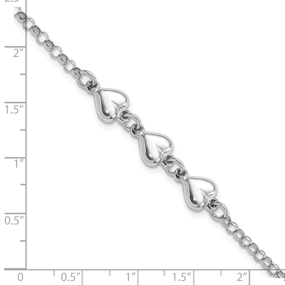 Sterling Silver Rhodium Plated Polished Triple Heart Charm Bracelet QG4596-7