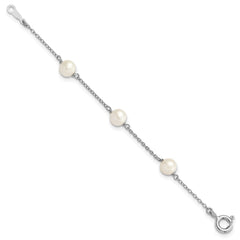 Sterling Silver Rhodium-plated 5-5.5mm White Semi-Round Freshwater Cultured Pearl 3-Station Children's 4 inch Bracelet QG4656-4