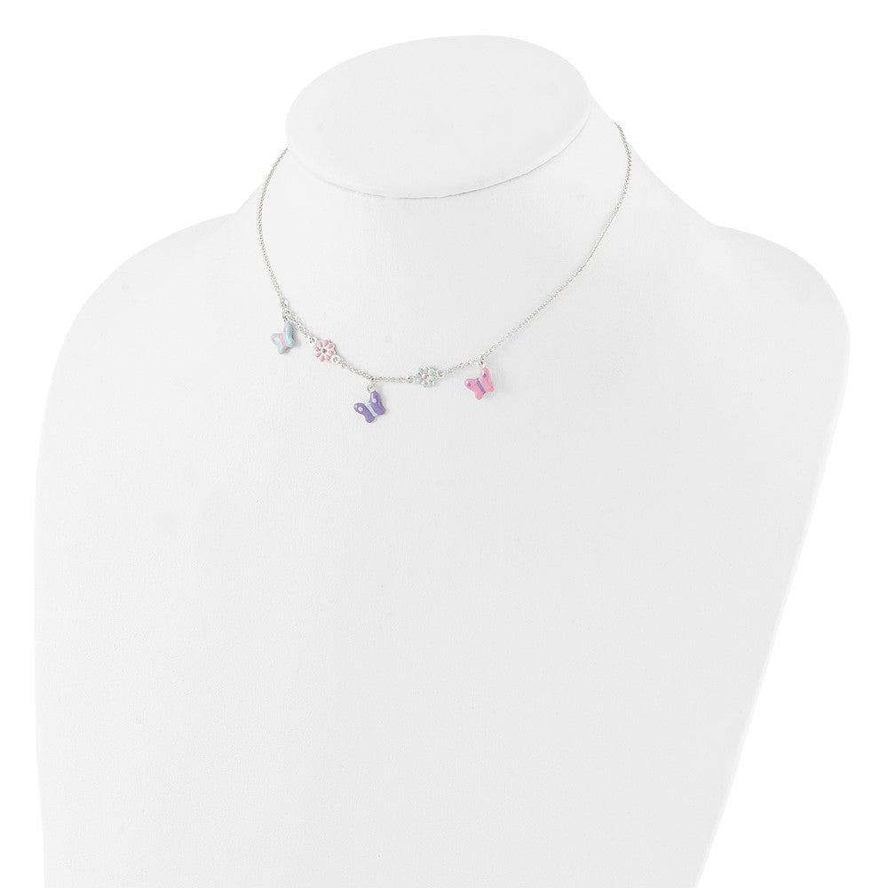 Sterling Silver Polished Enameled Floral & Butterfly Children's Necklace QG4660-14