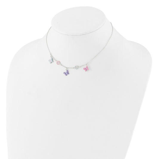 Sterling Silver Polished Enameled Floral & Butterfly Children's Necklace QG4660-14