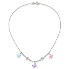 Sterling Silver Polished Enameled Floral & Butterfly Children's Necklace QG4660-14