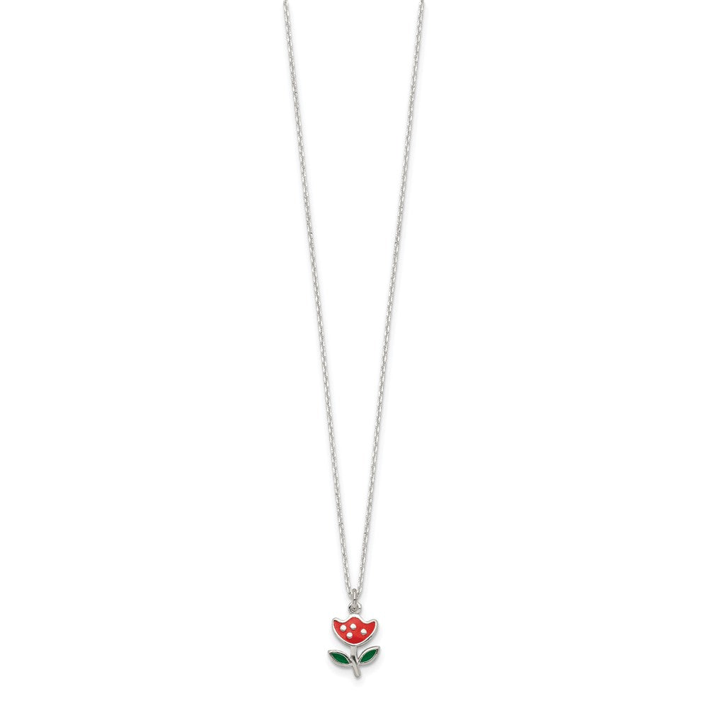 Sterling Silver Polished Red & Green Enameled Flower Children's Necklace QG4661-14