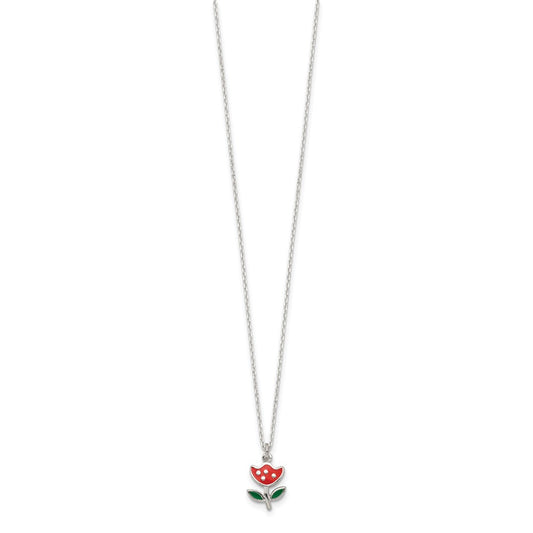 Sterling Silver Polished Red & Green Enameled Flower Children's Necklace QG4661-14