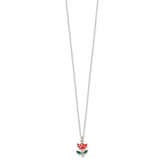 Sterling Silver Polished Red & Green Enameled Flower Children's Necklace QG4661-14
