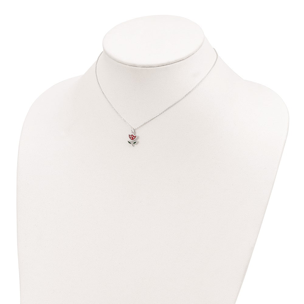 Sterling Silver Polished Red & Green Enameled Flower Children's Necklace QG4661-14