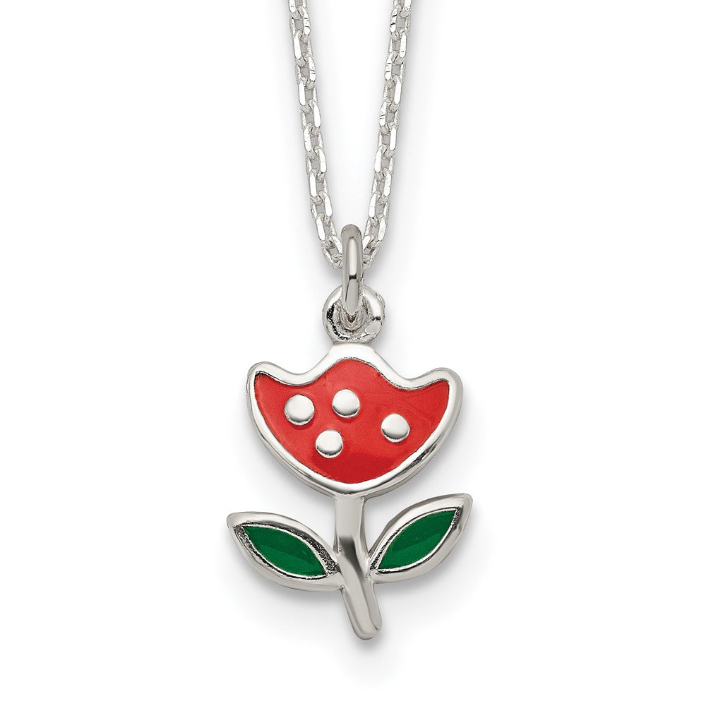 Sterling Silver Polished Red & Green Enameled Flower Children's Necklace QG4661-14