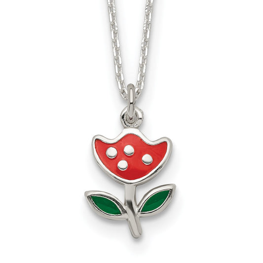 Sterling Silver Polished Red & Green Enameled Flower Children's Necklace QG4661-14