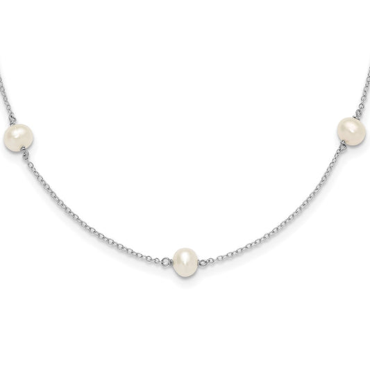 Sterling Silver Rhodium-plated 5-5.5mm White Semi-Round Freshwater Cultured Pearl 5-Station Children's 12 inch Necklace QG4662-12