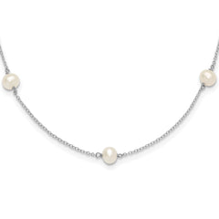 Sterling Silver Rhodium-plated 5-5.5mm White Semi-Round Freshwater Cultured Pearl 5-Station Children's 12 inch Necklace QG4662-12