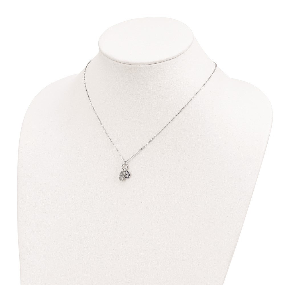 Sterling Silver Rhod-plated CZ Eye and Hamsa Charm Necklace QG4670-17