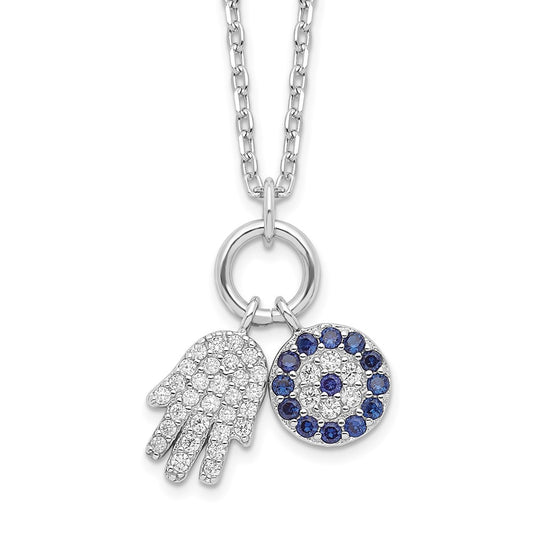 Sterling Silver Rhod-plated CZ Eye and Hamsa Charm Necklace QG4670-17