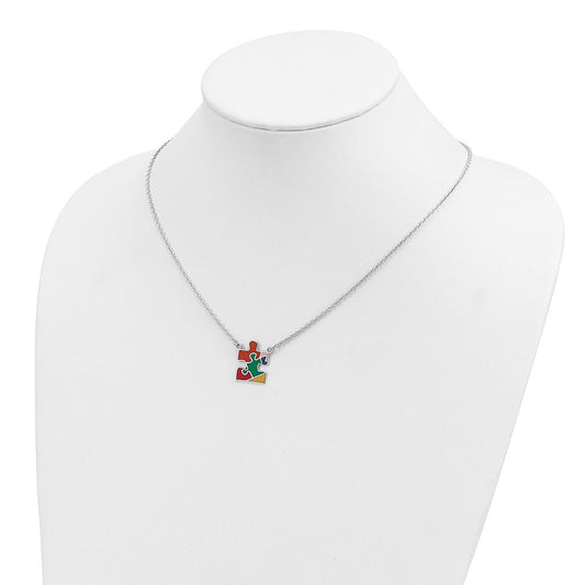 Sterling Silver Rhod-plated Enameled Autism Puzzle Piece Necklace QG4676-18