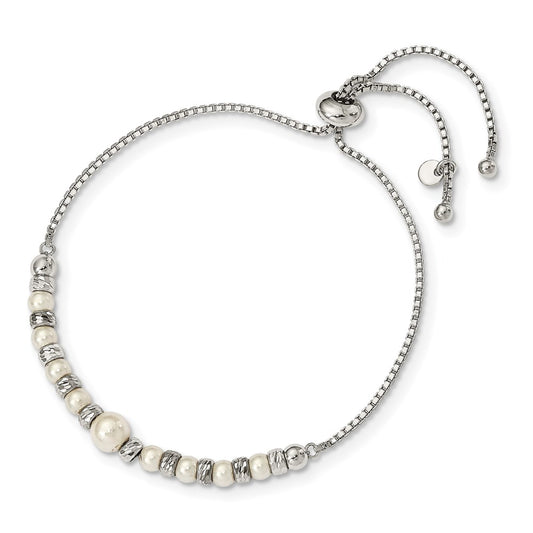 Sterling Silver RH-plated D/C Beads Glass Pearl Adjustable Bracelet QG4762