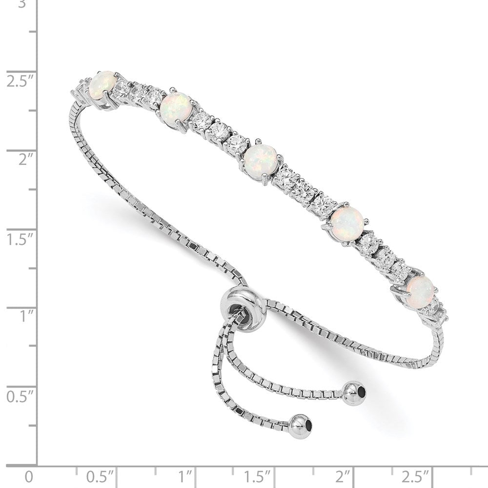 Sterling Silver RH-plated Created Opal and CZ Adjustable Bracelet QG4776