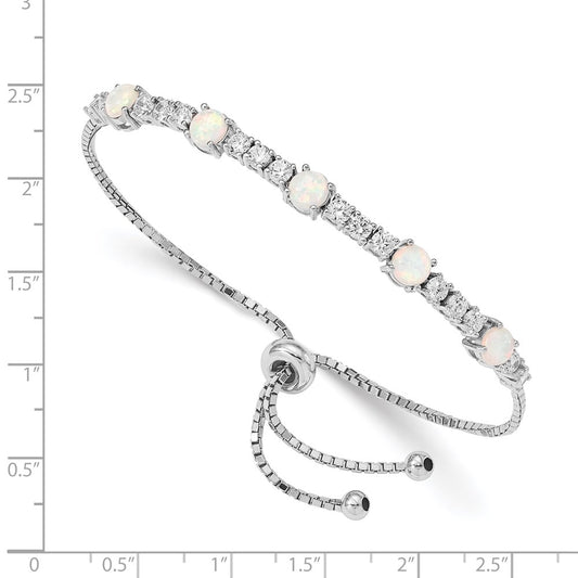 Sterling Silver RH-plated Created Opal and CZ Adjustable Bracelet QG4776