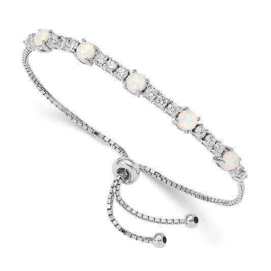 Sterling Silver RH-plated Created Opal and CZ Adjustable Bracelet QG4776