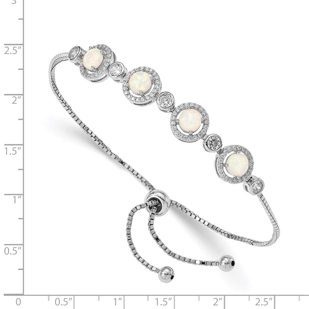 Sterling Silver RH-plated Created Opal and CZ Adjustable Bracelet QG4777