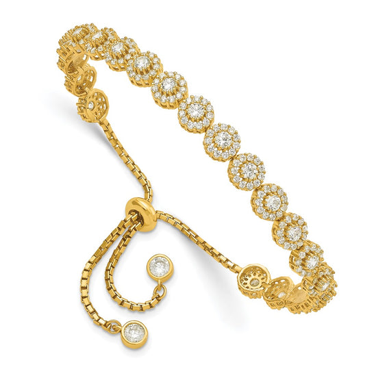 Sterling Silver Gold-tone CZ Halo Adjustable Bracelet QG4779