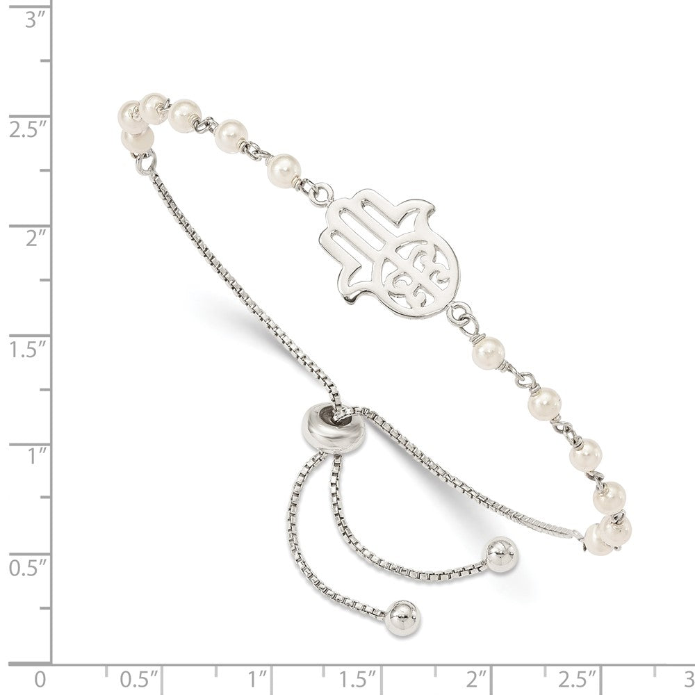 Sterling Silver Hamsa w/ Simulated Pearl Adjustable Bracelet QG4790