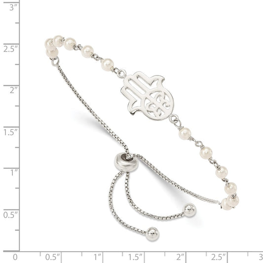 Sterling Silver Hamsa w/ Simulated Pearl Adjustable Bracelet QG4790