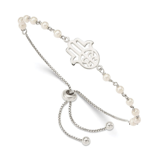 Sterling Silver Hamsa w/ Simulated Pearl Adjustable Bracelet QG4790