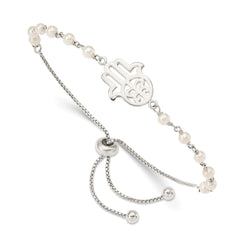 Sterling Silver Hamsa w/ Simulated Pearl Adjustable Bracelet QG4790